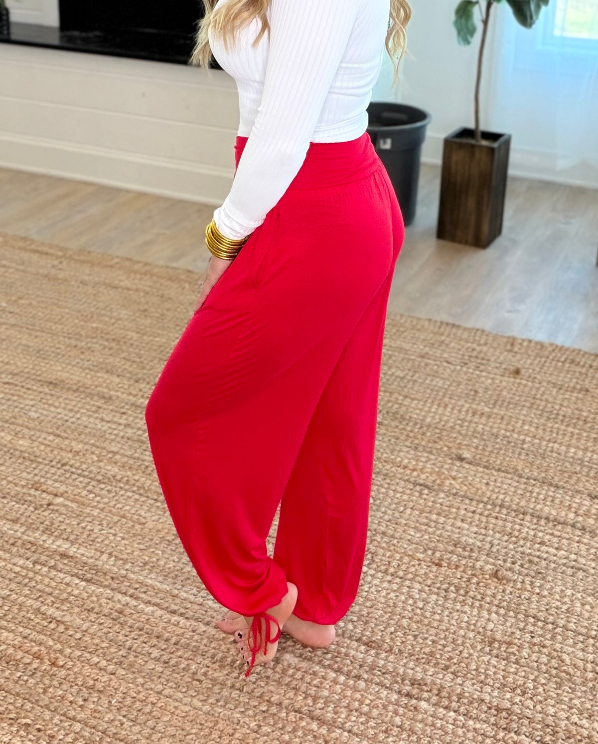 Red Viscose Modal V Crossover Pants