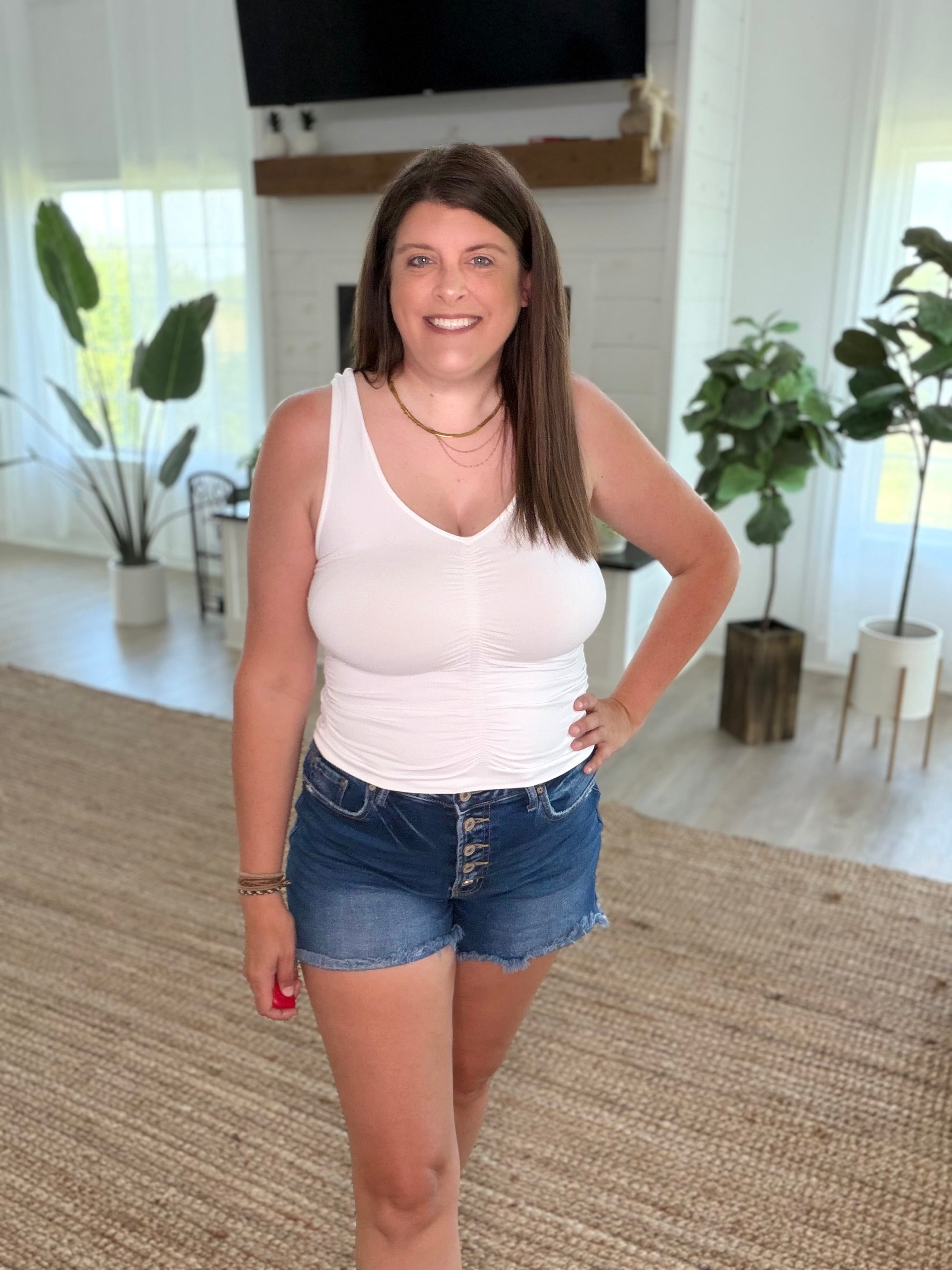 Nikibiki White V Neck Shirred Top