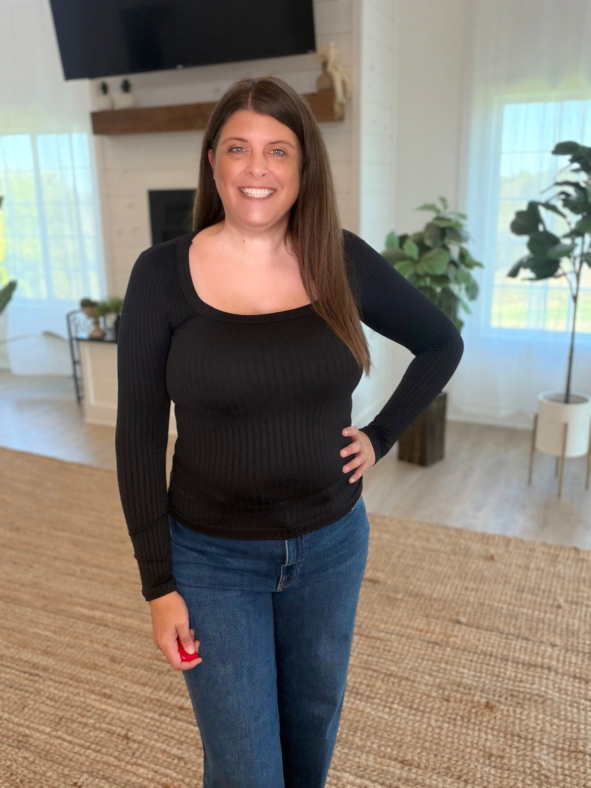 Nikibiki Black Wide Ribbed Square Neck LS Top