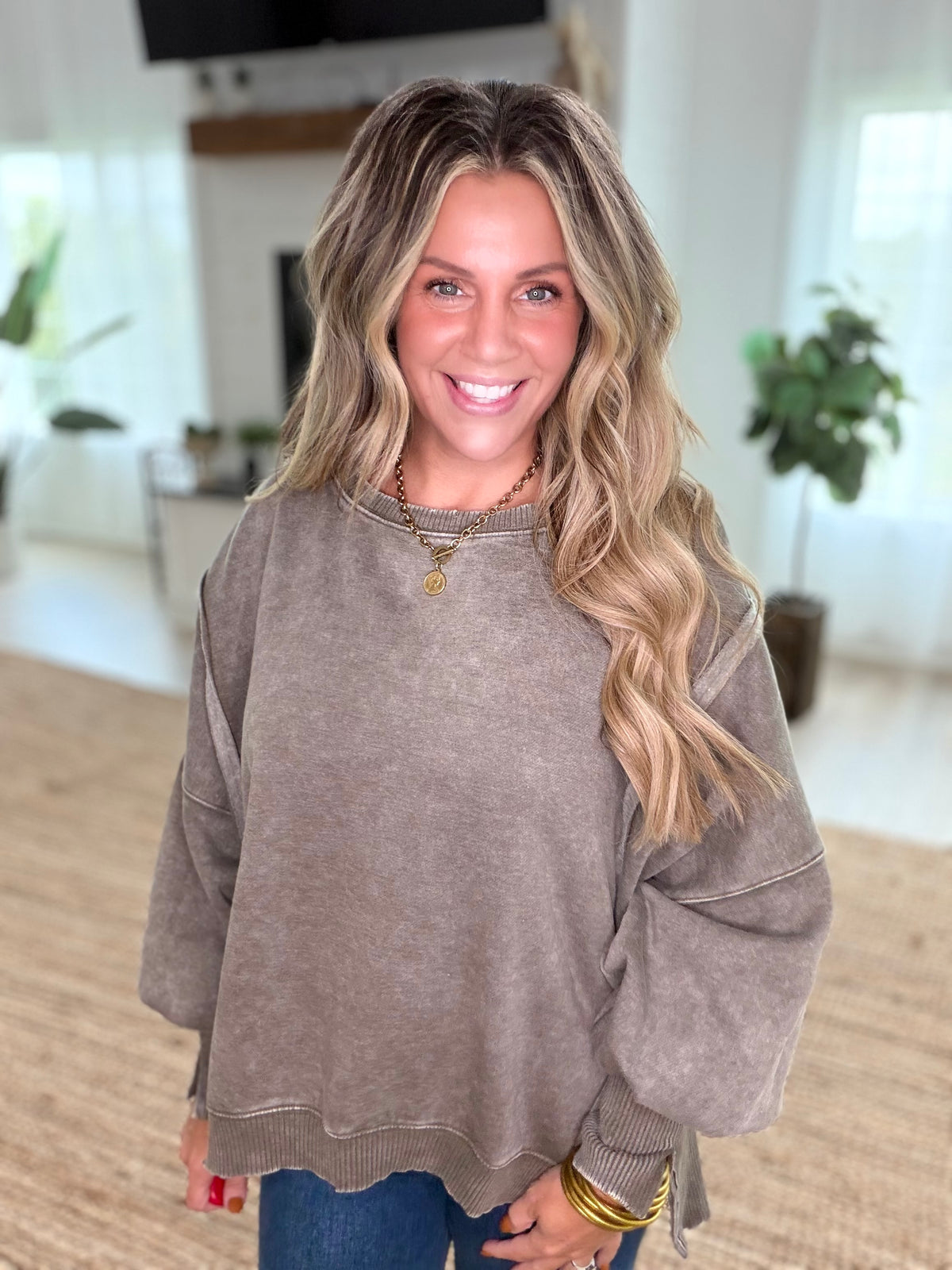 Dark Olive Acid Washed Batwing Sleeve Hi-Low Fleece Sweatshirt