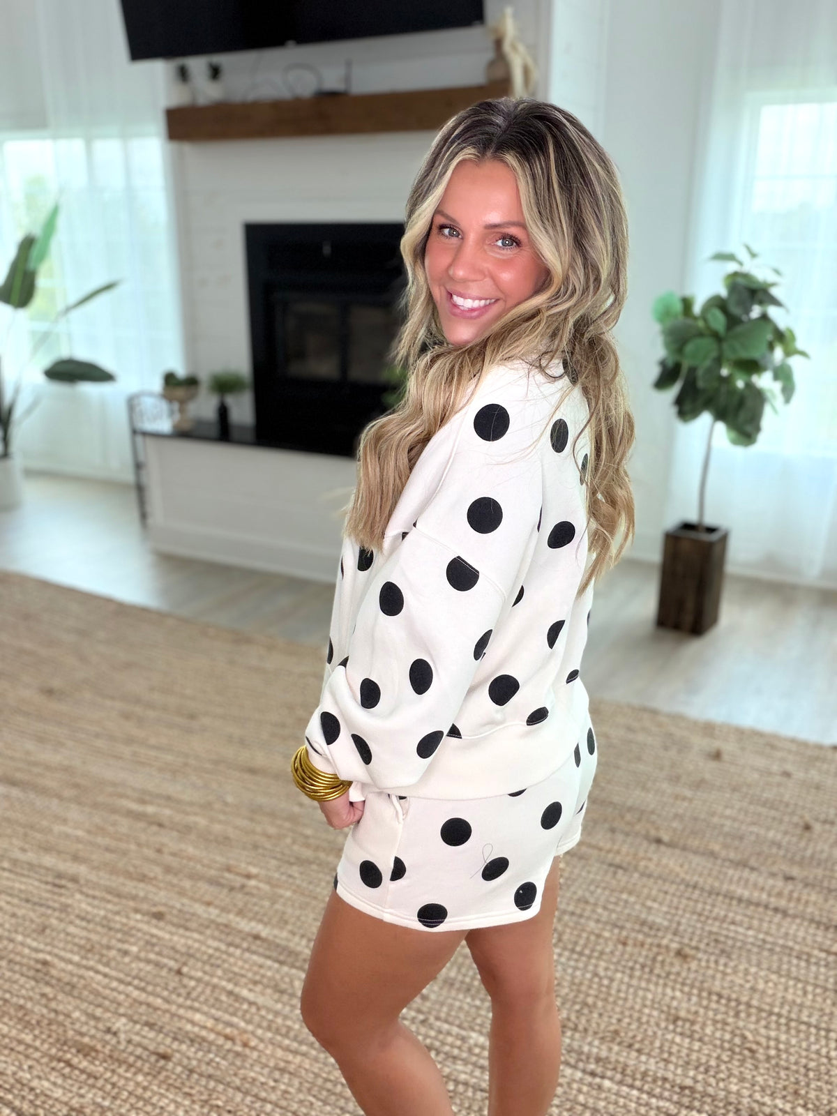 Cream and Black Fleece Polka Dot Print Round Neck Pullover and Shorts Set