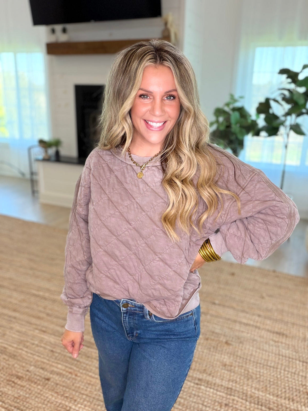Mocha Mineral Washed Quilted Pullover