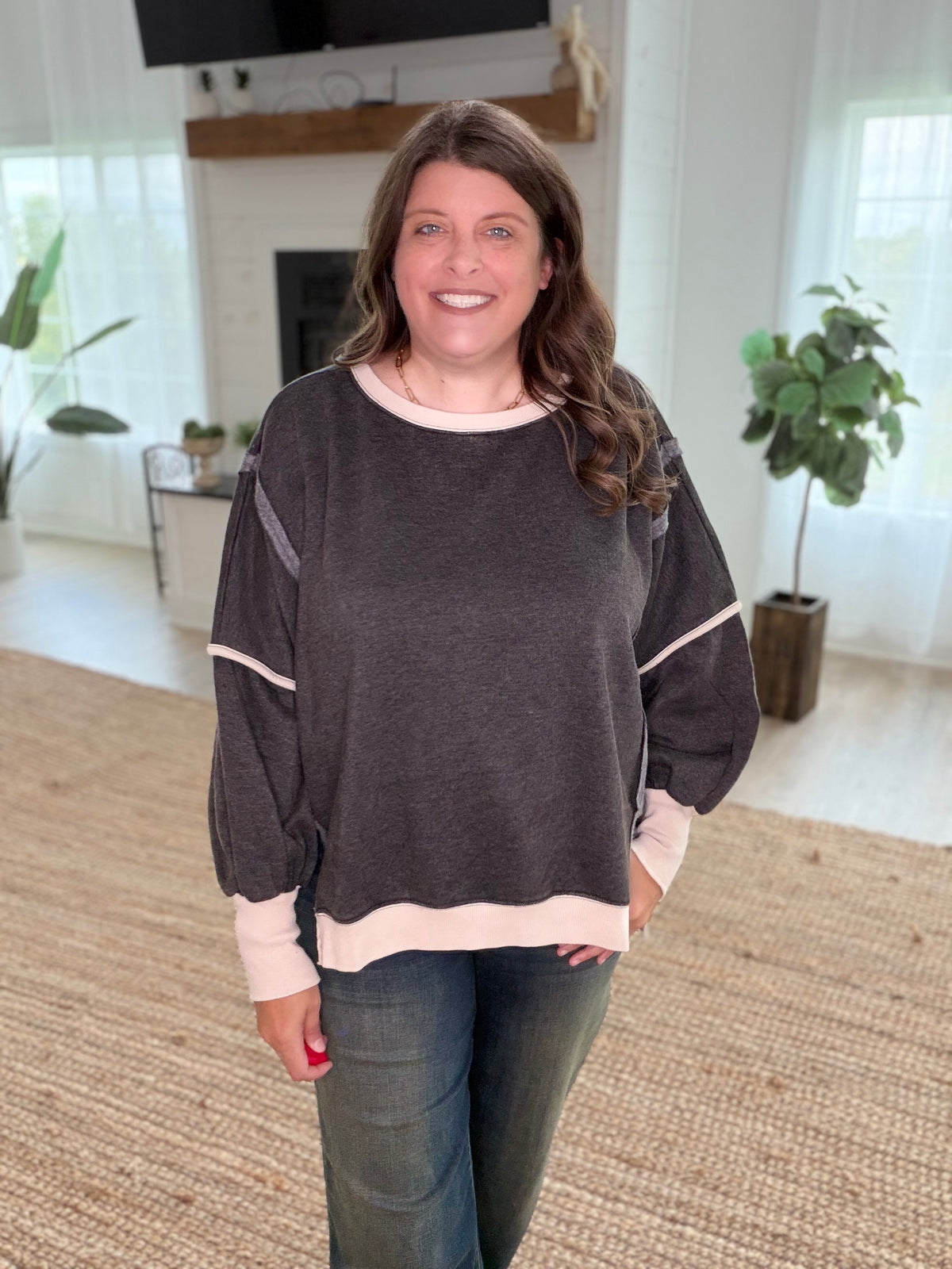 Black Fleece Acid Washed Contrast Trim Balloon Sleeve Sweatshirt