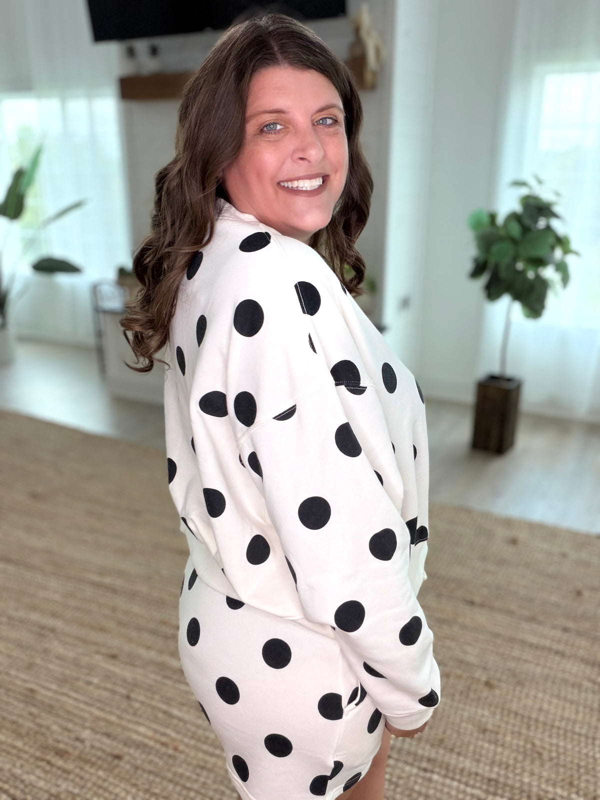 Cream and Black Fleece Polka Dot Print Round Neck Pullover and Shorts Set