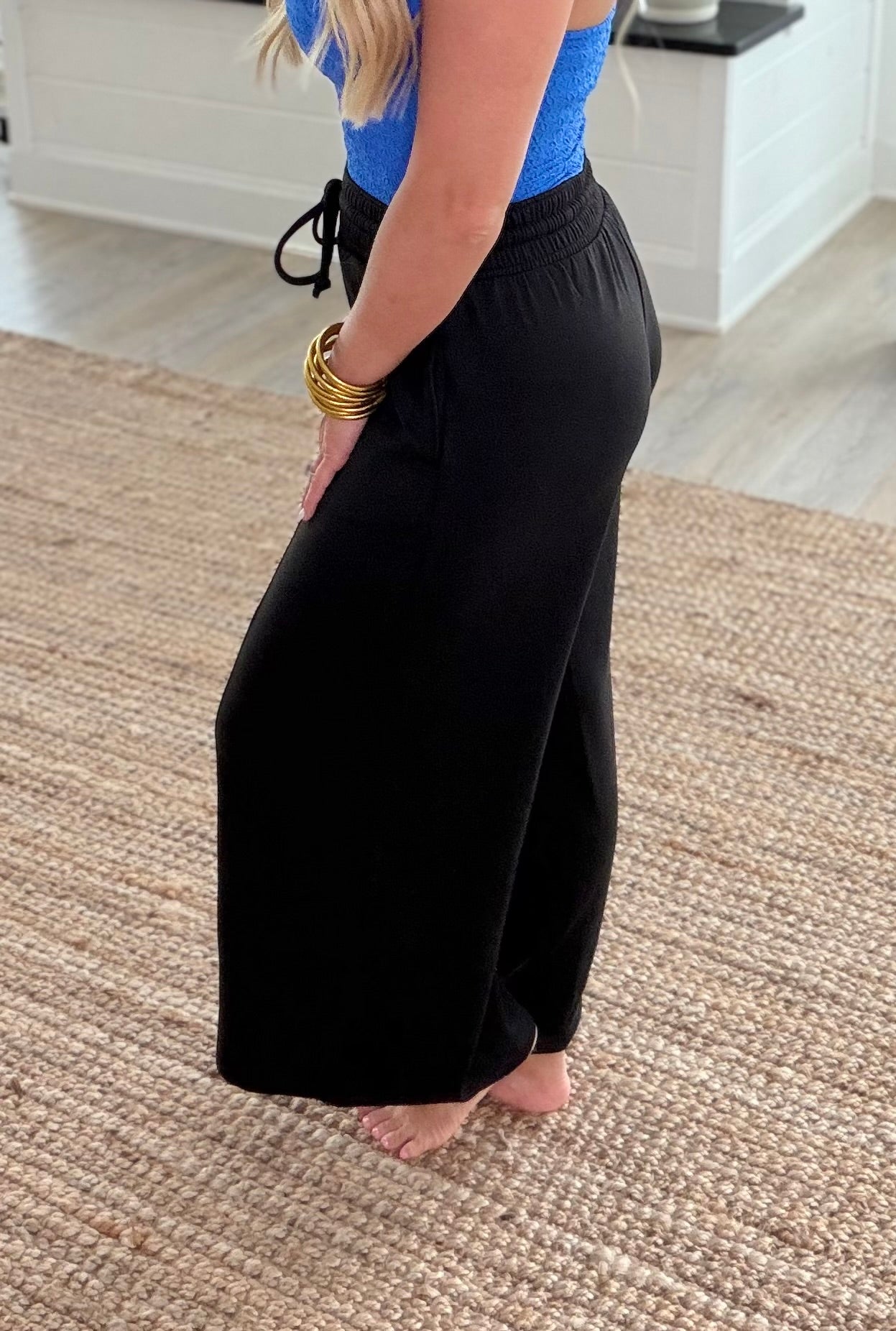 Black Scuba Drawstring Wide Leg Pants