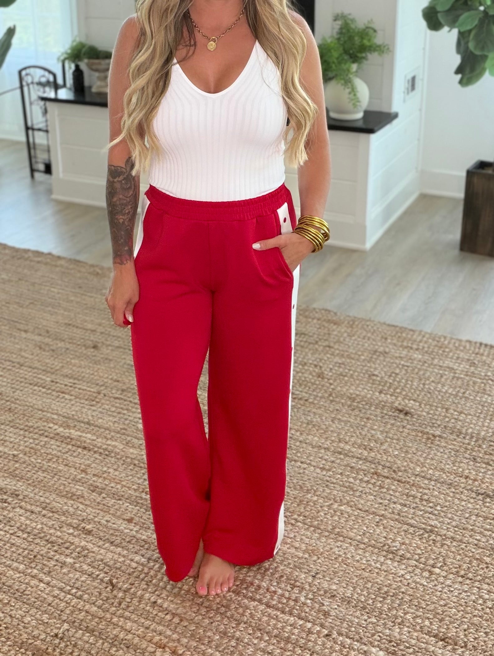 Red and Off White Soft Modal Scuba Pants