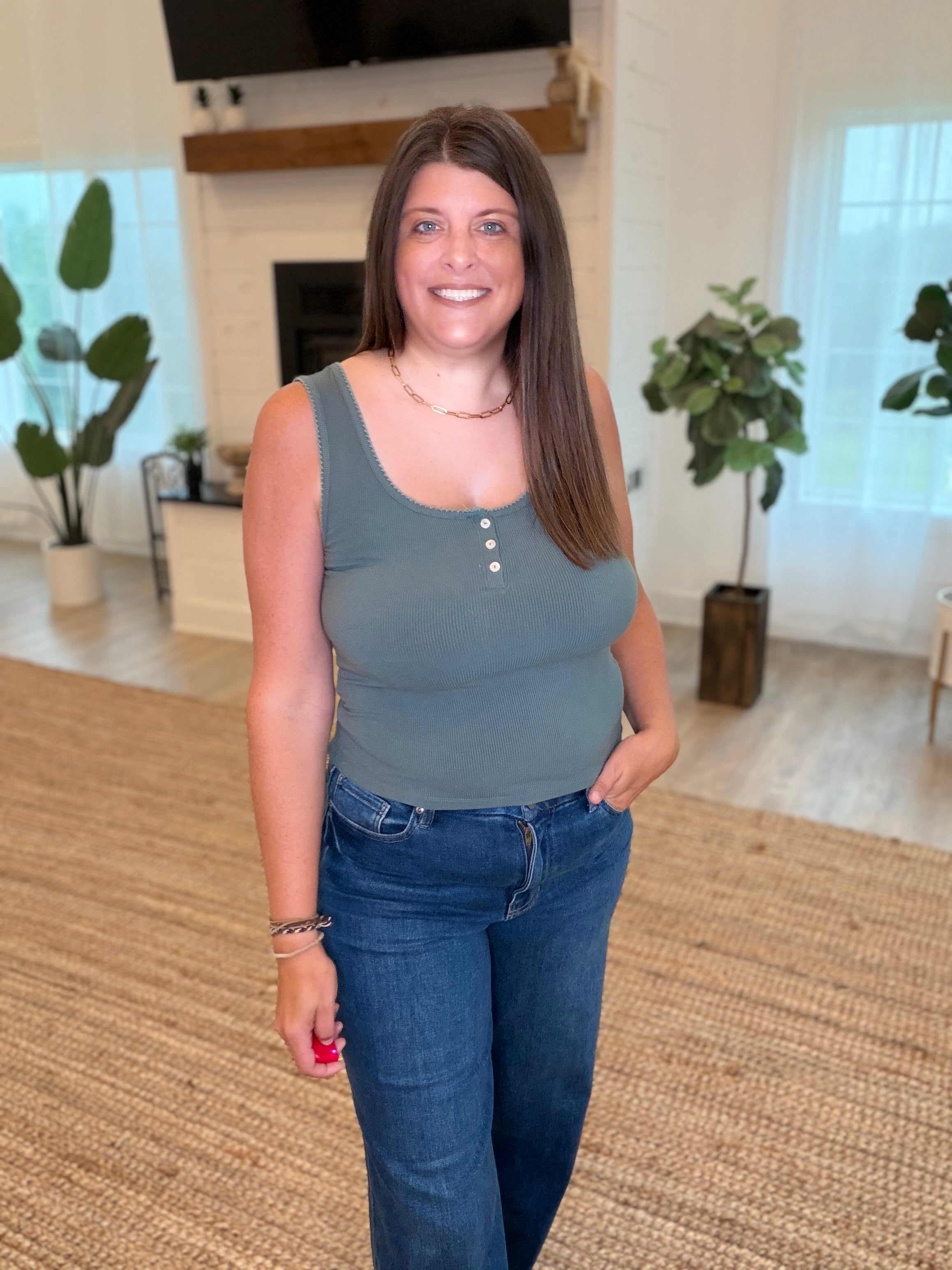 Smokey Olive Ribbed Scoop Neck Button Front Tank Top