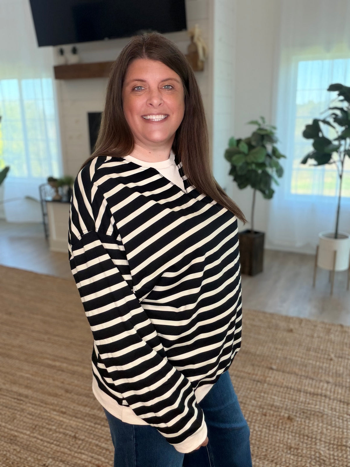 Black and Cream Striped Long Sleeve Pullover