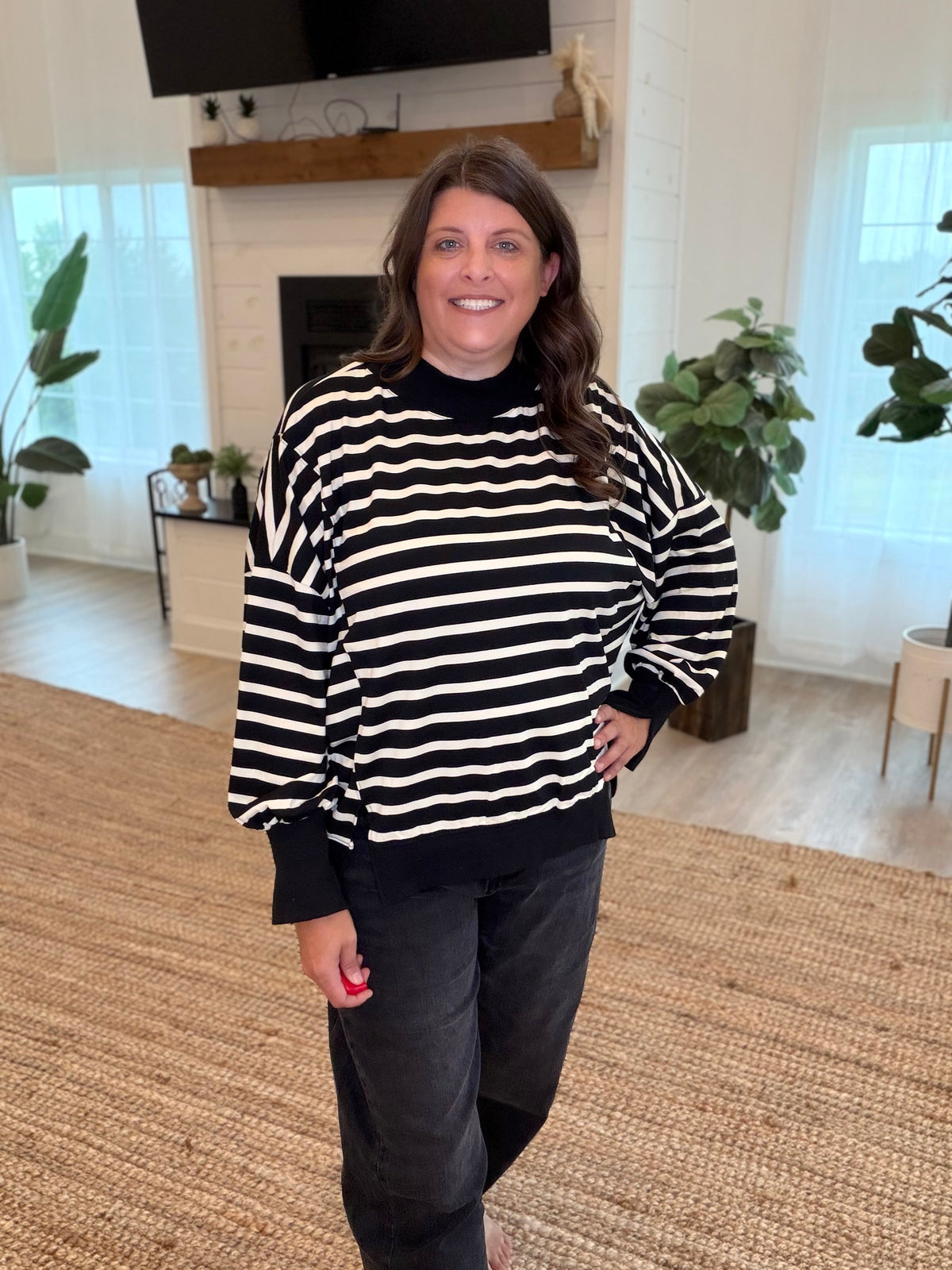 Black and Cream Striped Mock Neck Top