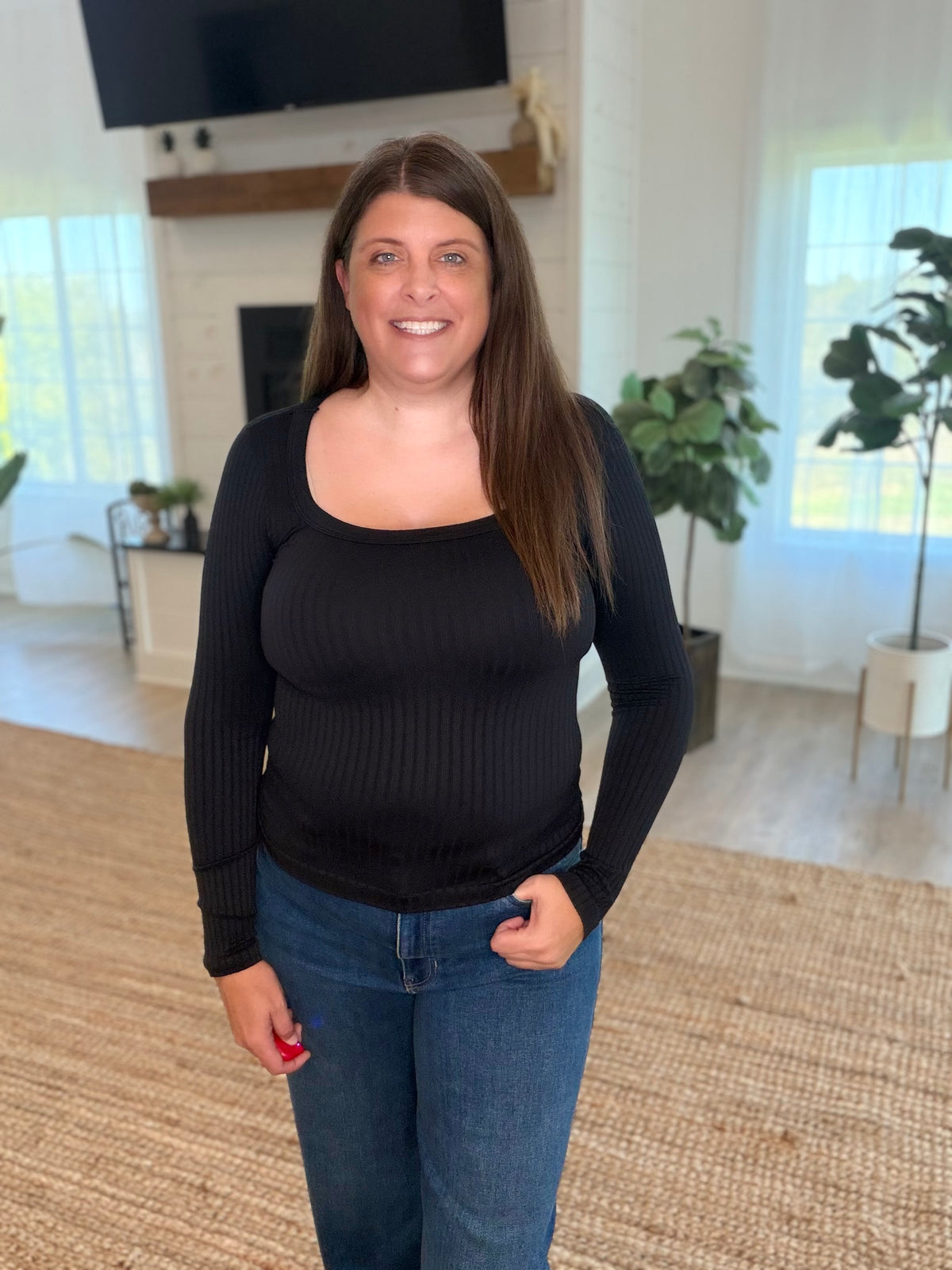 Nikibiki Black Wide Ribbed Square Neck LS Top
