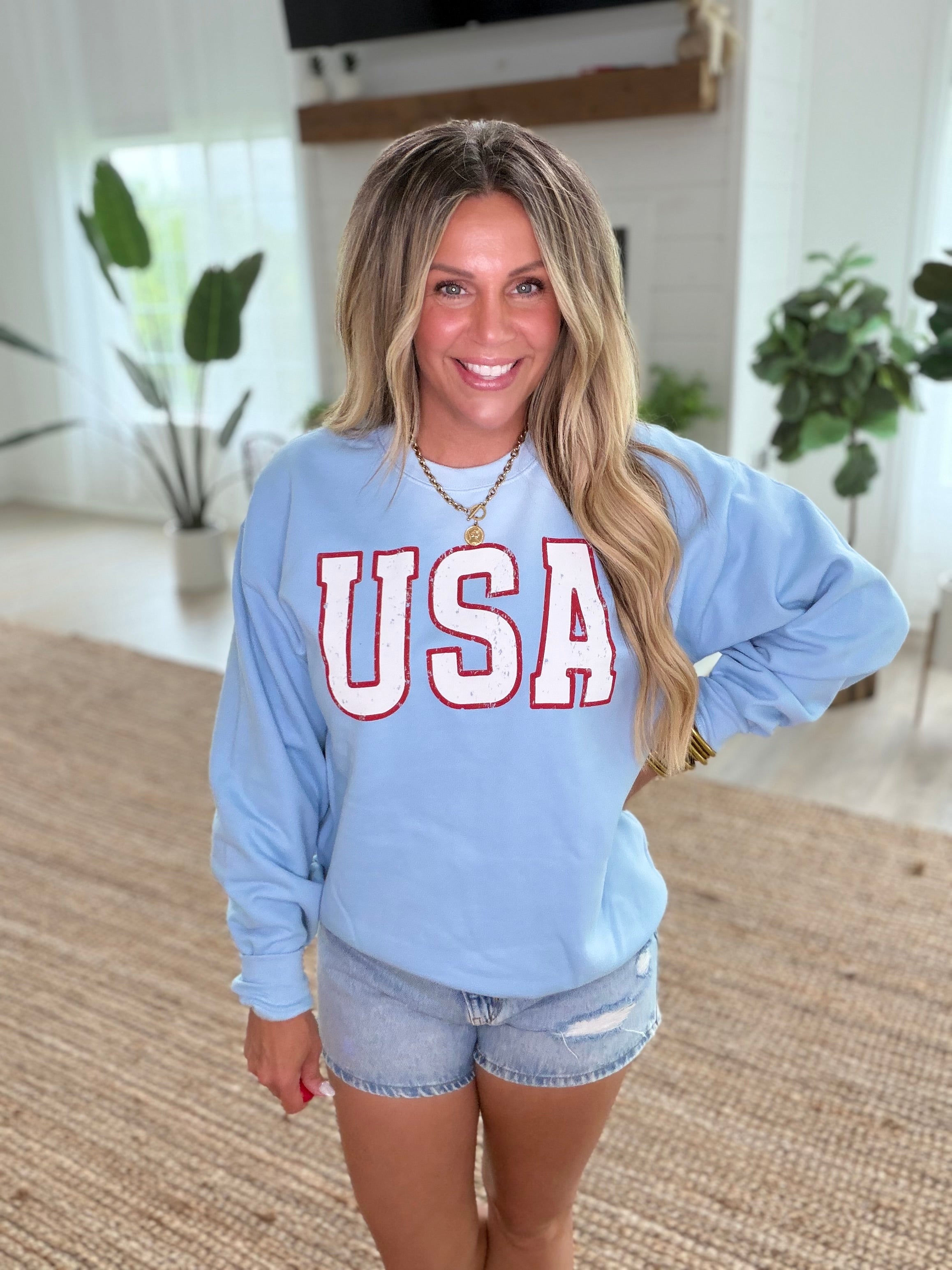 USA Light Blue Vintage Patriotic Graphic Sweatshirt