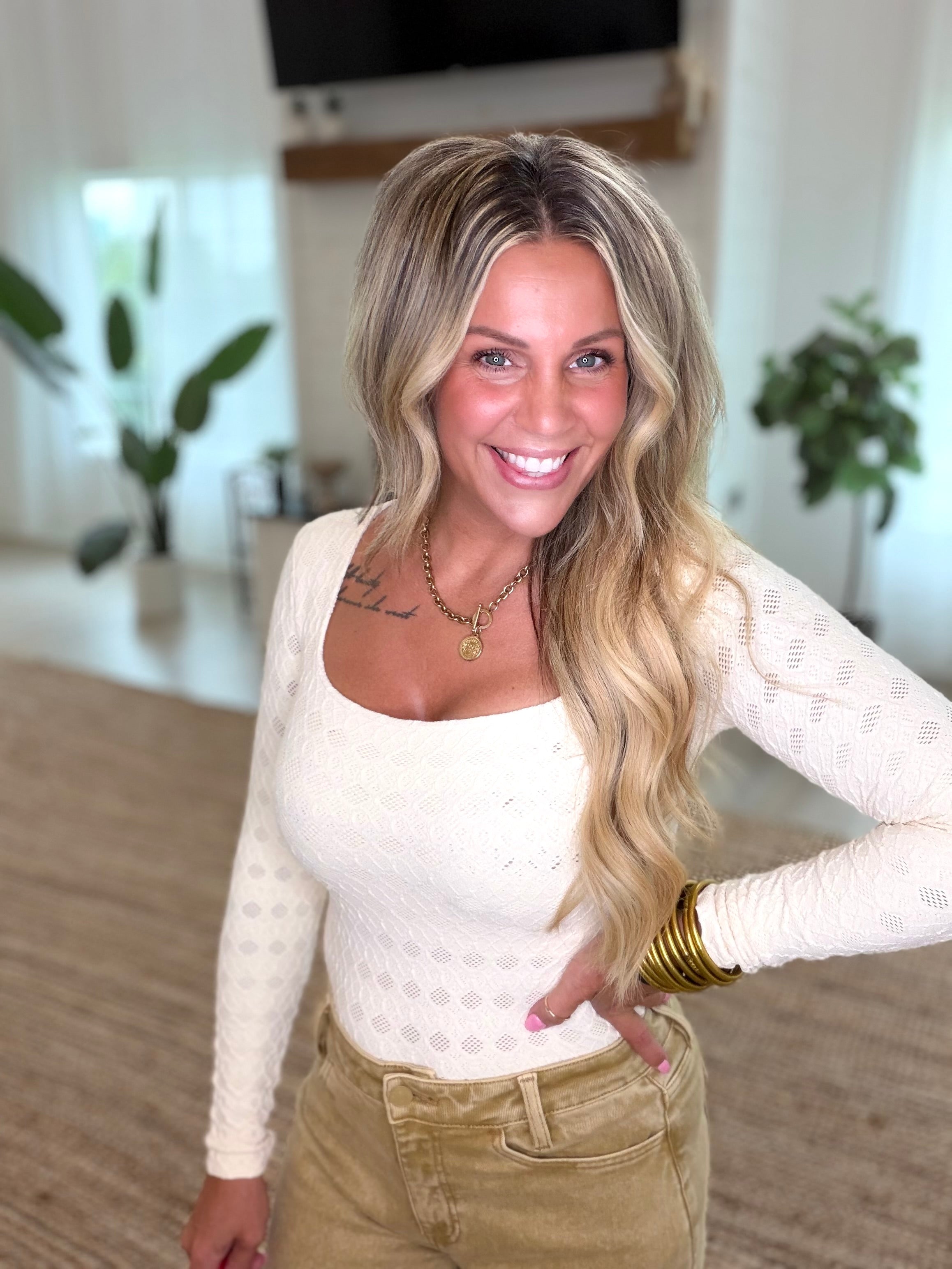 Nikibiki Butter Cream Lace Textured Square LS Top