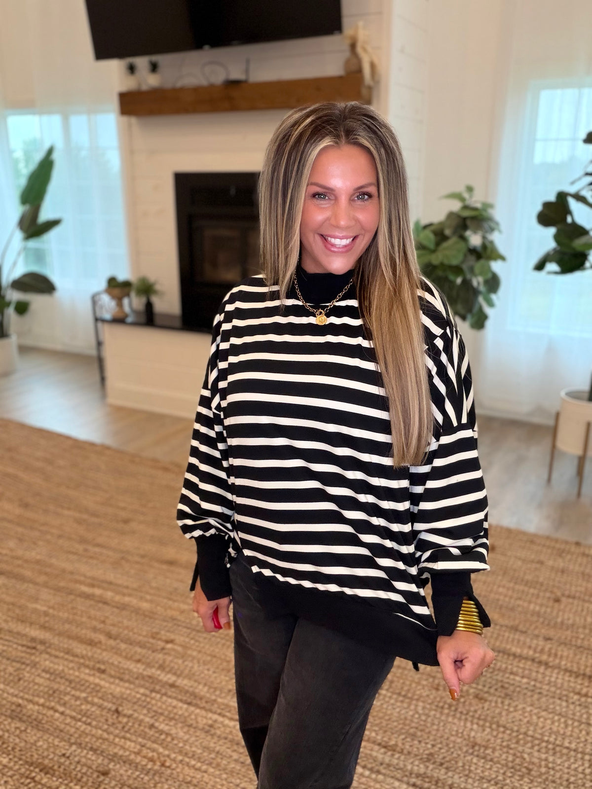 Black and Cream Striped Mock Neck Top