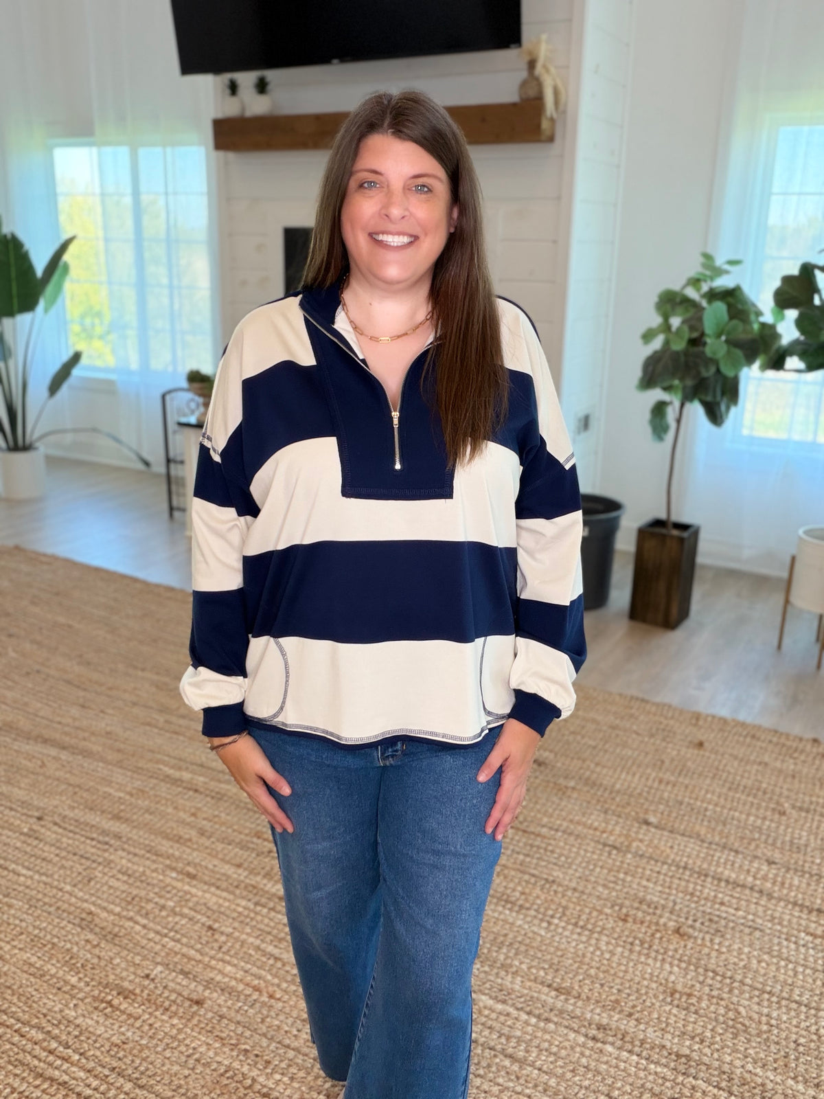 Navy Wide Stripe Half Zip Top