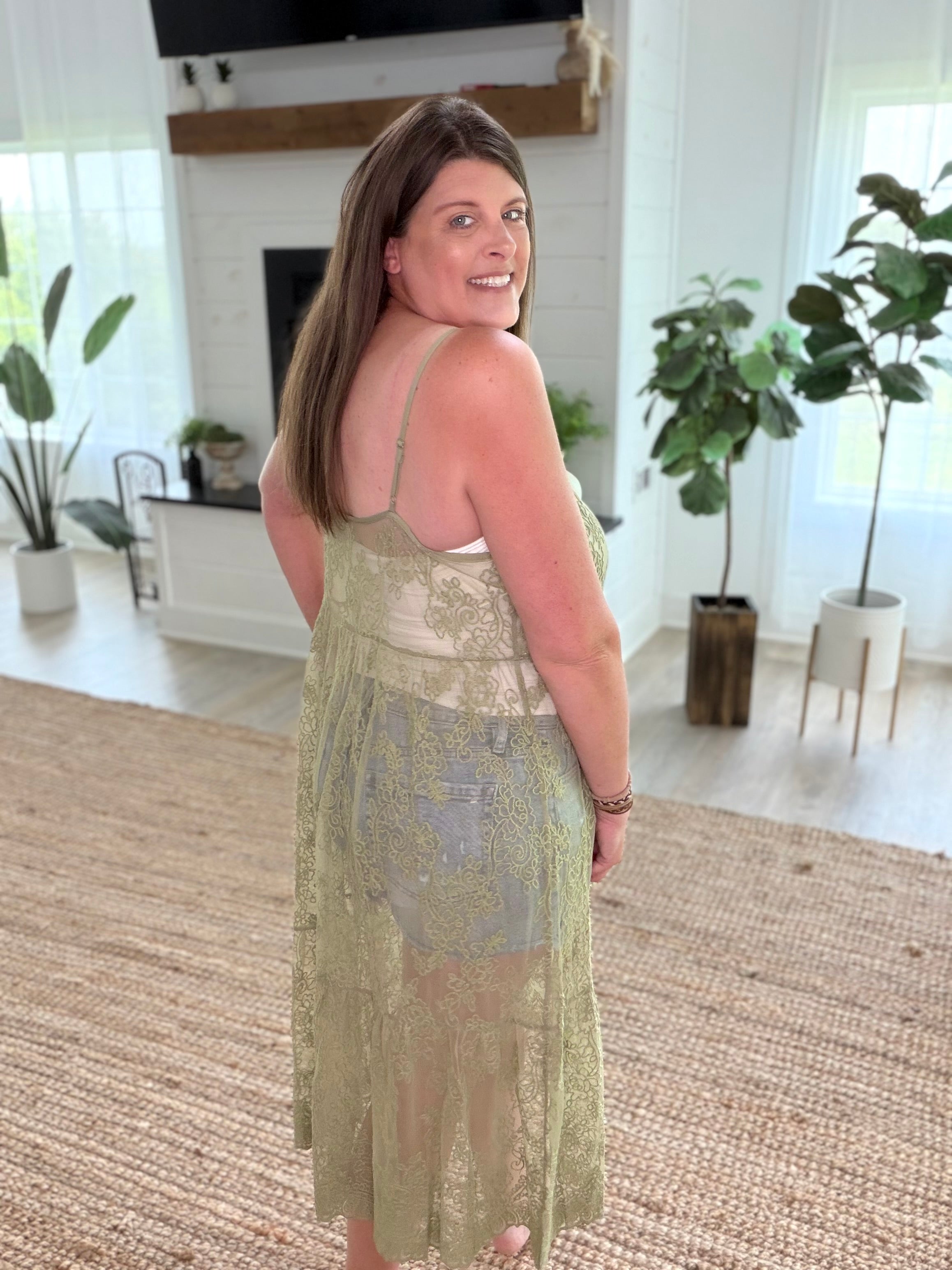Light Olive Embroidered Lace Long Vest