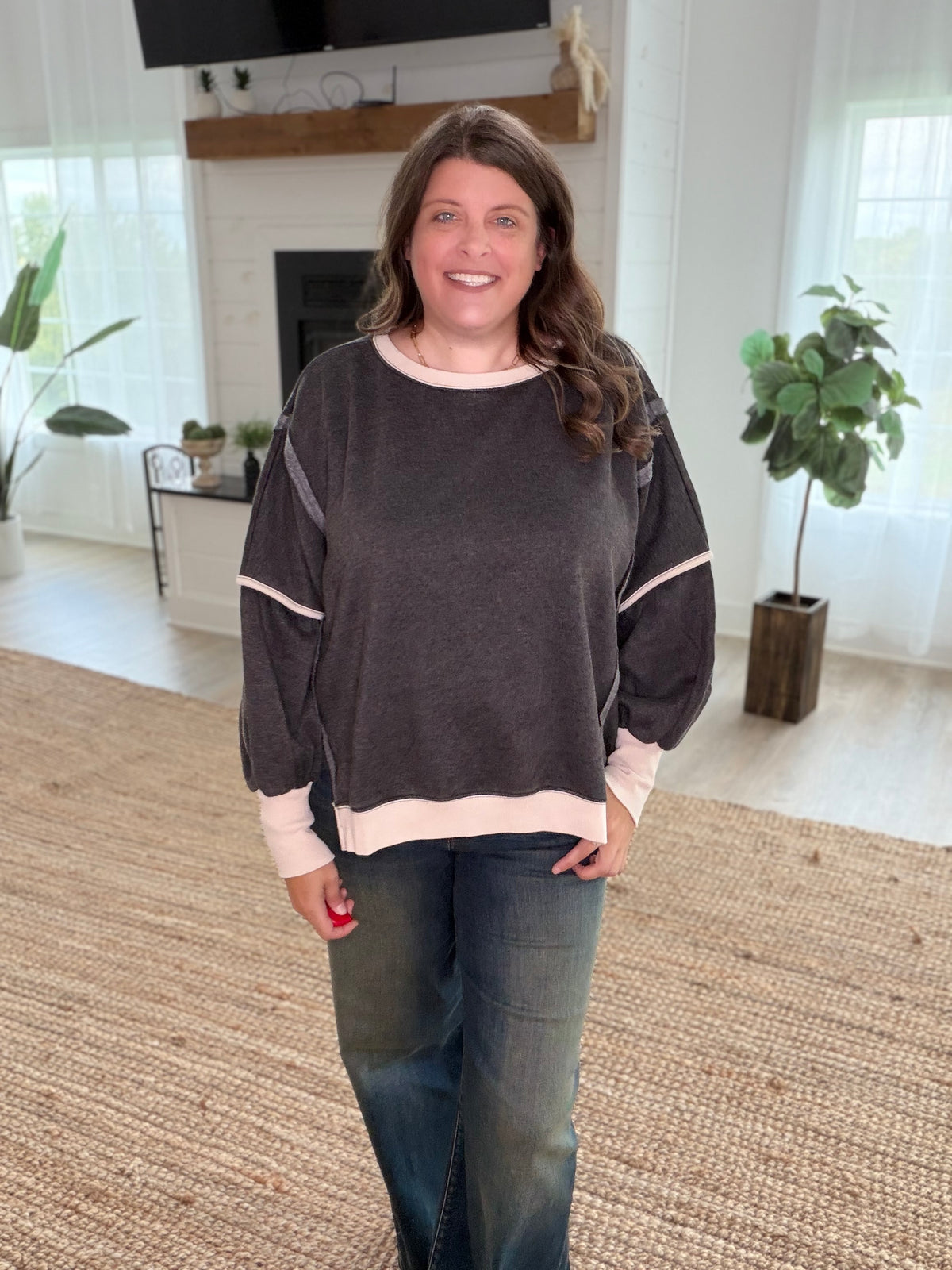Black Fleece Acid Washed Contrast Trim Balloon Sleeve Sweatshirt