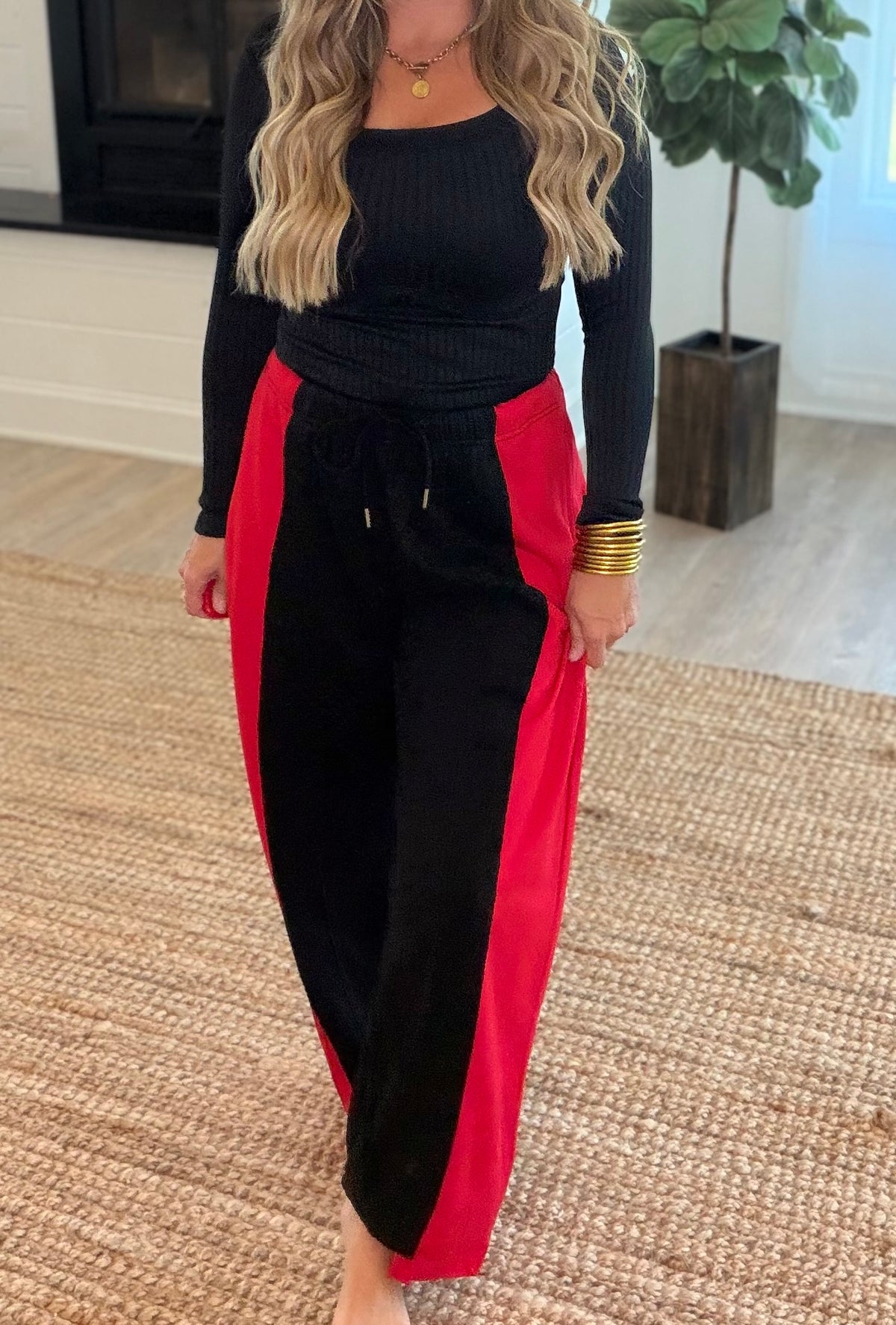Red and Black Two Tone Spliced Barrel Leg Jogger Pants