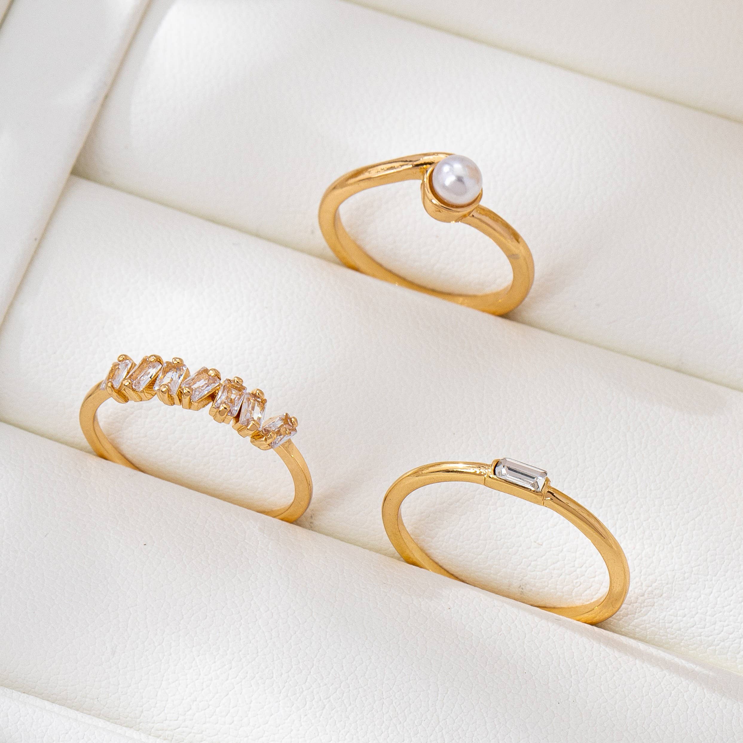 Pearl & Crystal Delicate Gold Ring Trio
