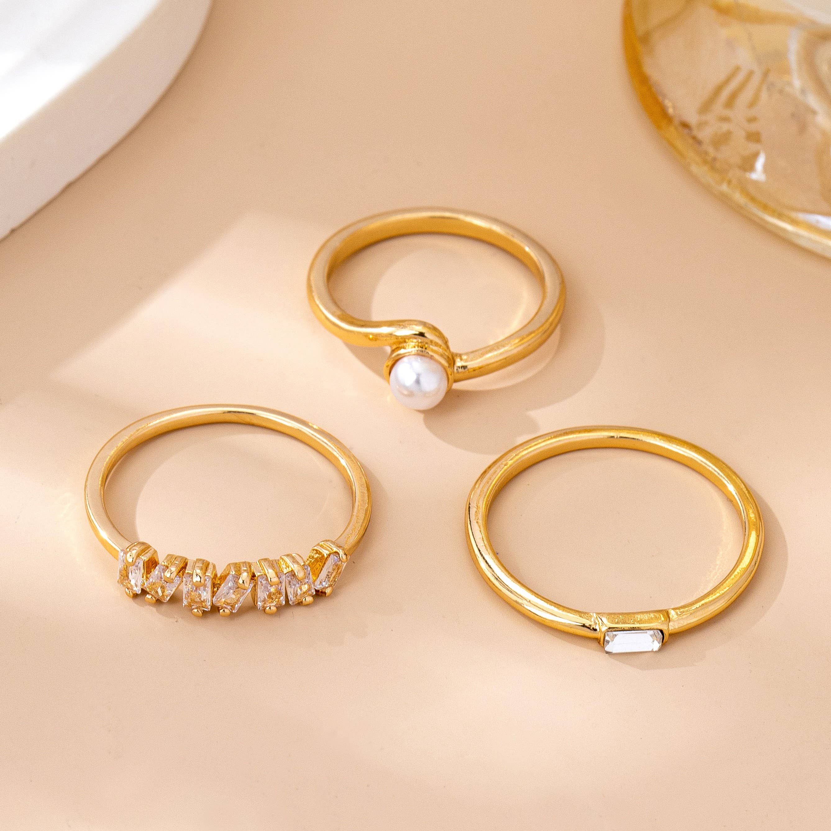 Pearl & Crystal Delicate Gold Ring Trio
