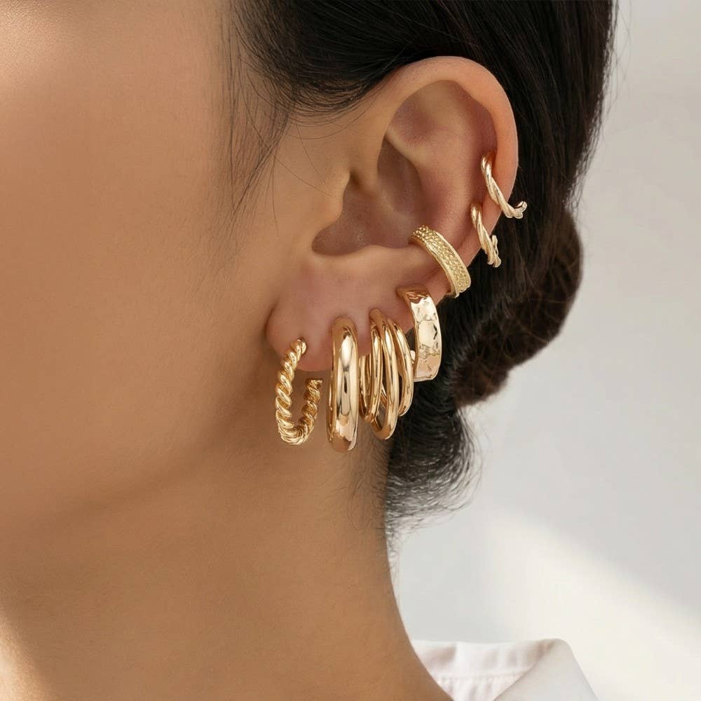 6 Pair Gold Hoop Earrings Set