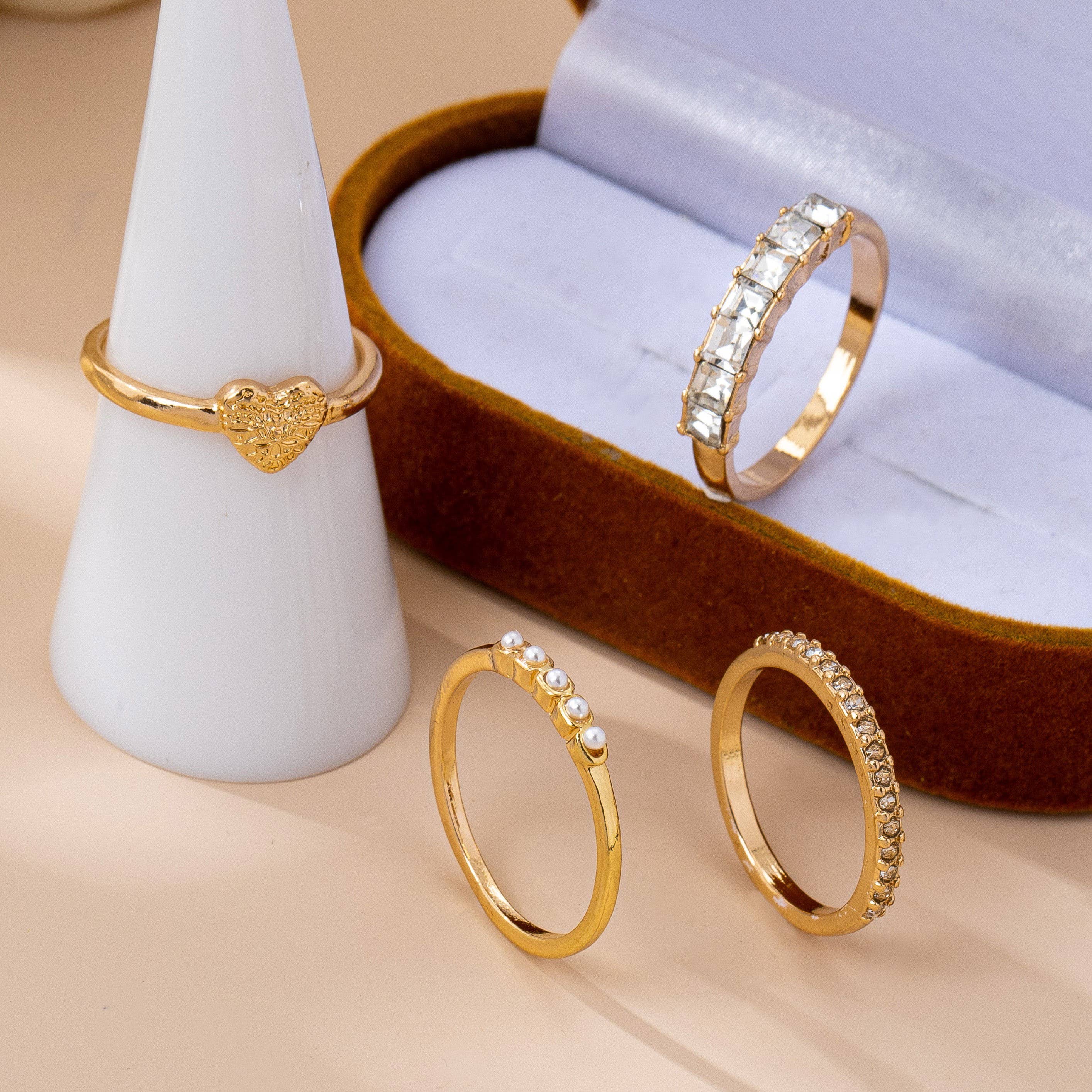 Gold-Tone Mixed Crystal & Pearl Stacking Ring Set