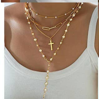 Layered Gold & Pearl Cross Statement Necklace Set