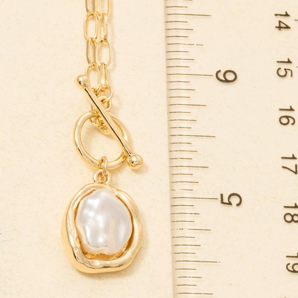 Gold Pearl Pendant Dainty Toggle Chain Necklace