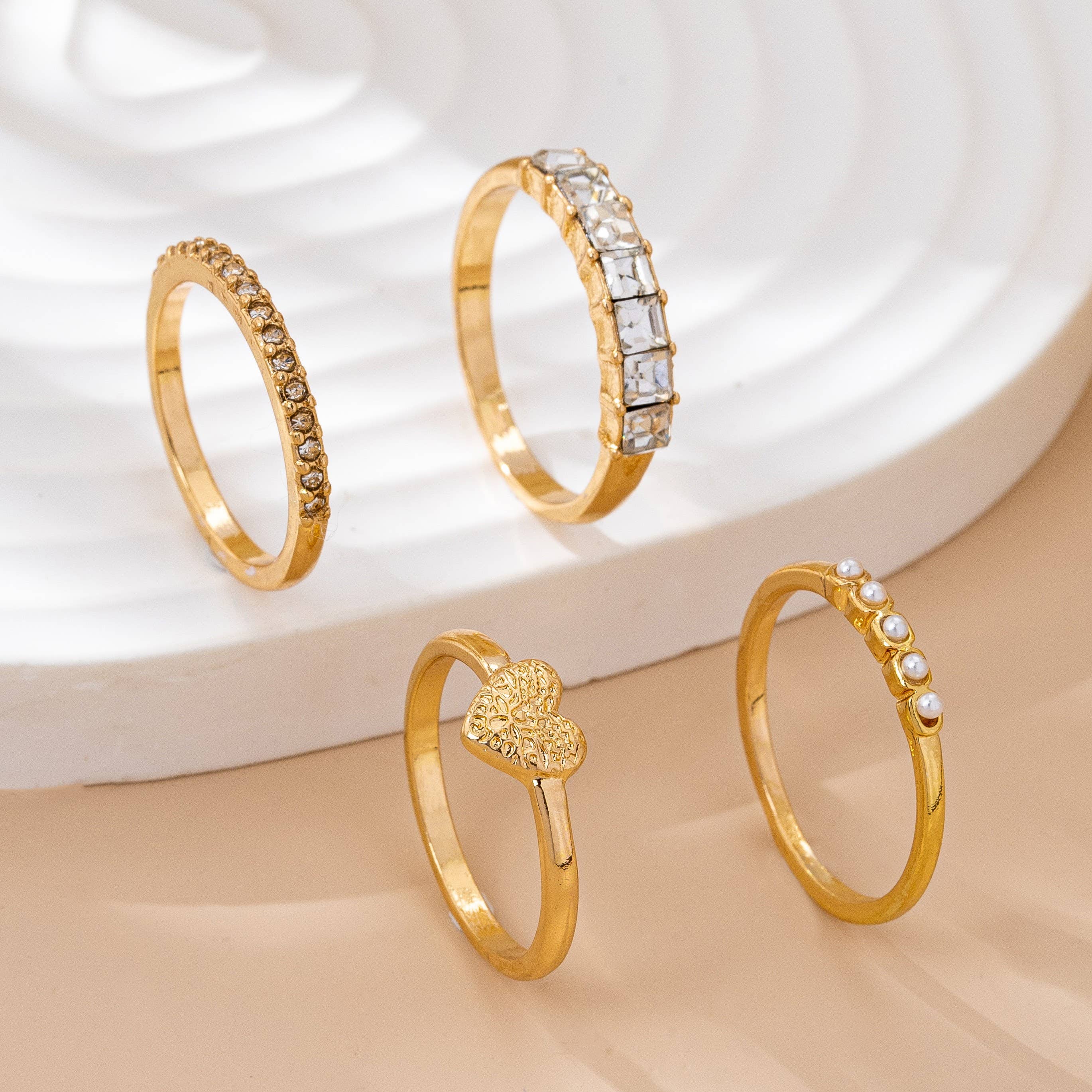 Gold-Tone Mixed Crystal & Pearl Stacking Ring Set