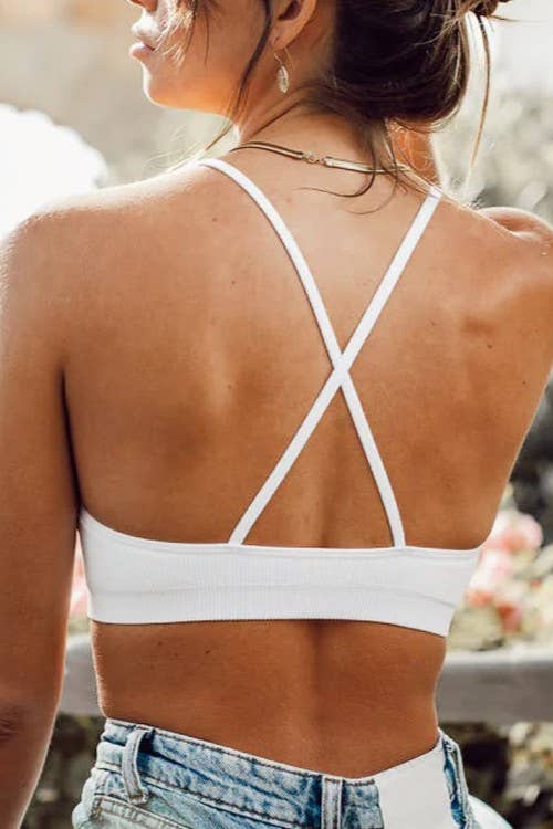 White Seamless Ribbed Cross Back Bralette