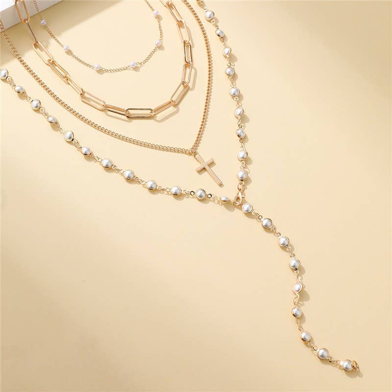 Layered Gold & Pearl Cross Statement Necklace Set