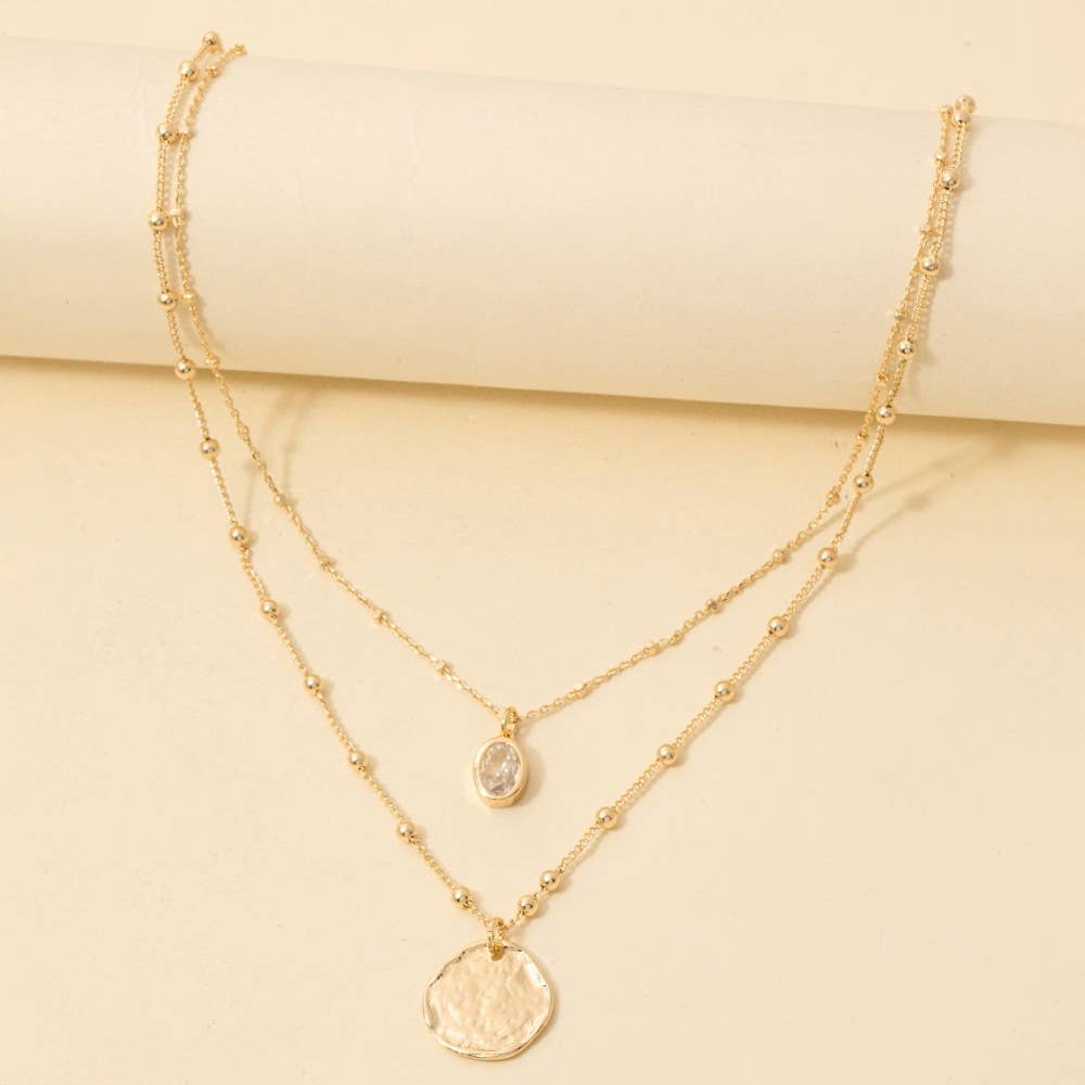 Gold Coin And Oval Cz Charm Layered Chain Necklace
