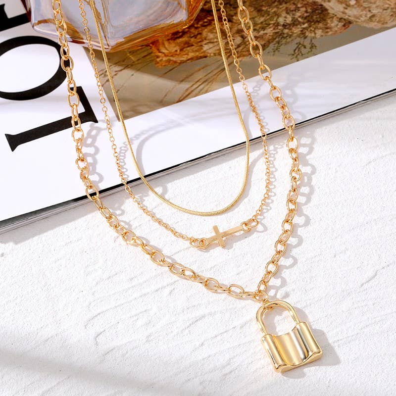 Gold Layered Cross Lock Necklace